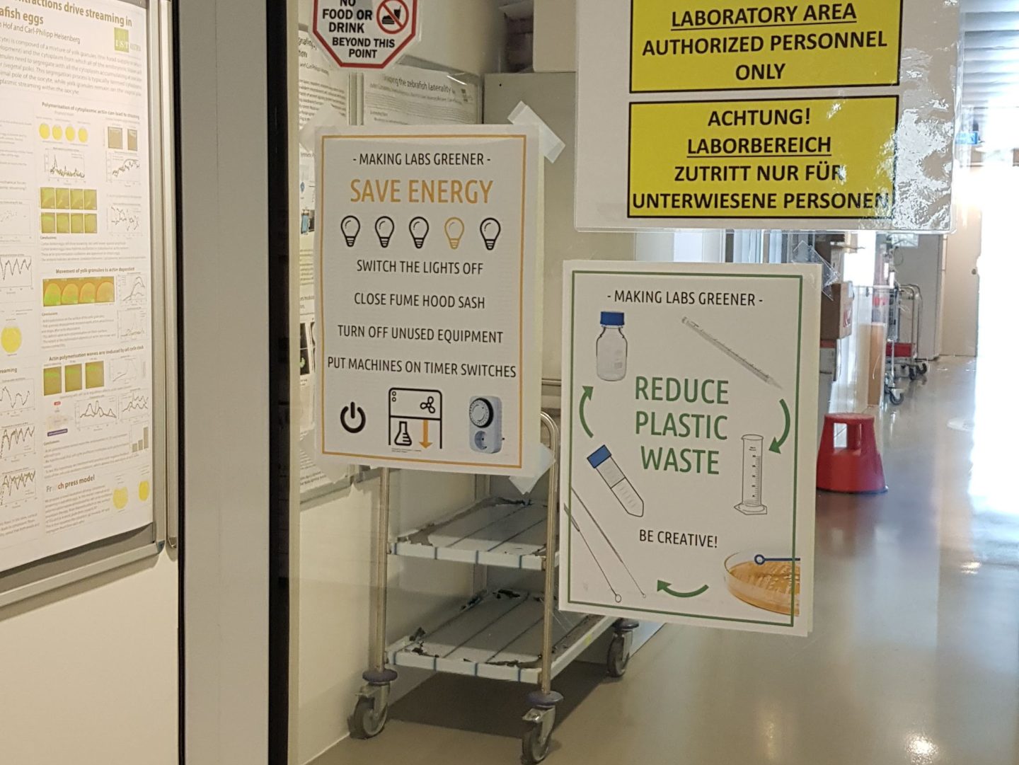 Greener Labs IST Austria laboratory with information signs