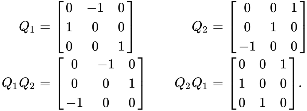 Matrices are rectangular arrays of numbers arranged in rows and columns. When the order of the operations influences the end result, the matrices are called “non-commutative.” In this case, the product Q1 x Q2 differs from the product Q2 x Q1.