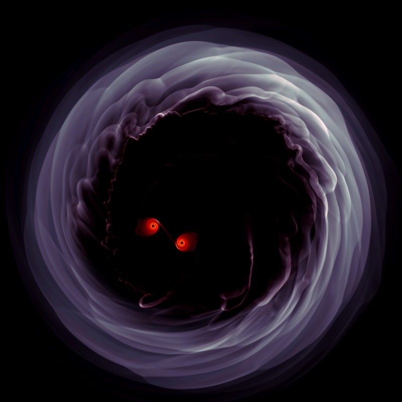 Zwei Schwarze Löcher umkreisen einander und versenden Gravitationswellen durch die Raumzeit.