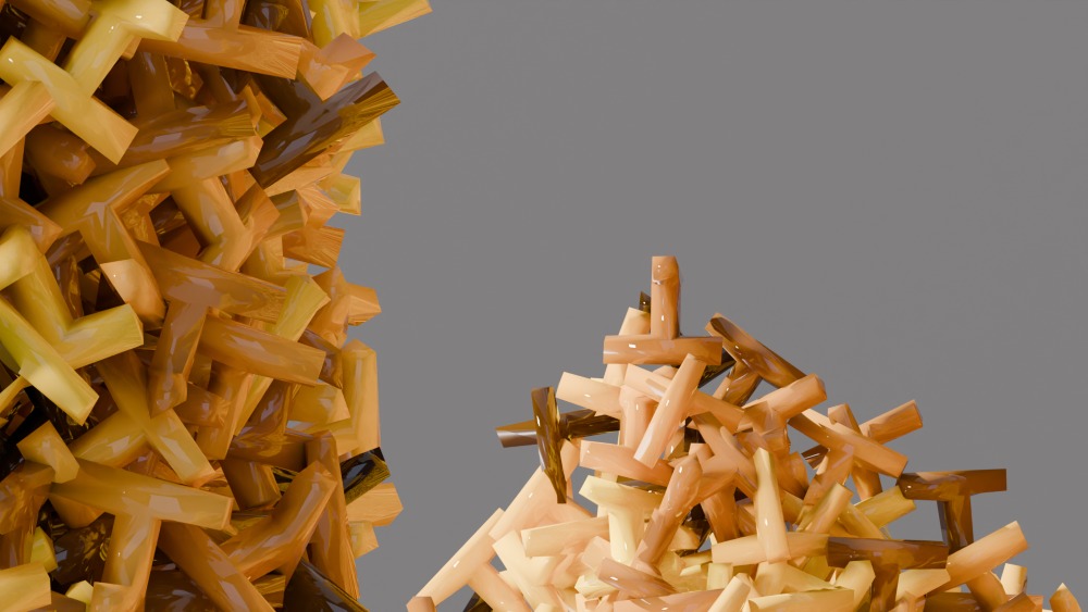 Close-up of simulated sand with “dolosse”-shaped grains.